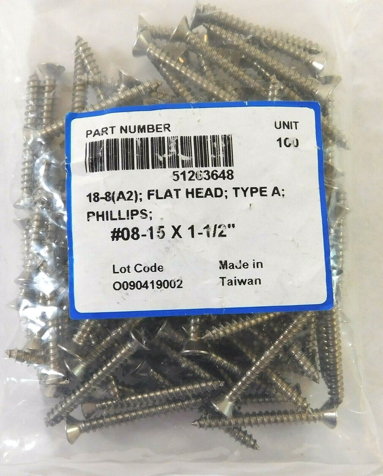 #8 x 1-1/2" SS Flat Head Phillips Screws (Pack of 100) -0