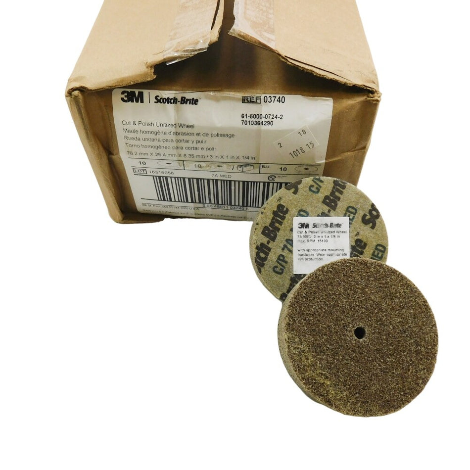 3M 03740 Scotch Brite Unitized Wheels 3" x 1" x 1/4" 7A Med Box of 100