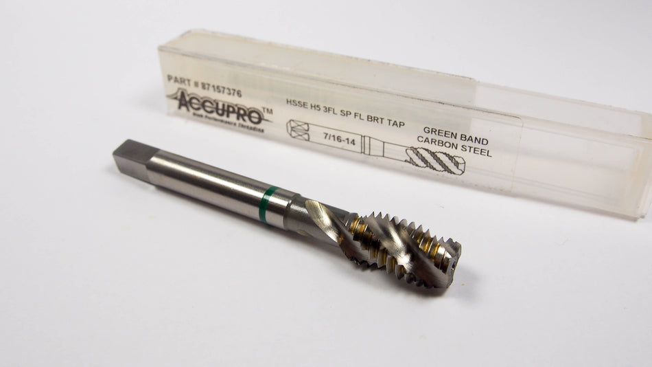 Modified Bottoming Spiral Flute Tap 7/16-14 H5 3FL HSSE Green Band