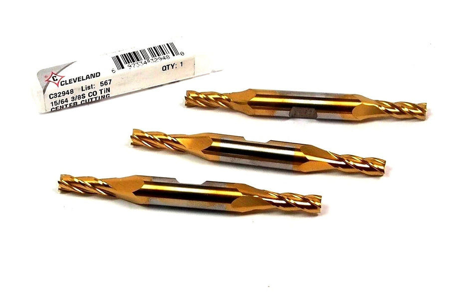 CLEVELAND C32948 Cobalt Double End Mills 15/64" 4FL TiN USA (3 Pcs)