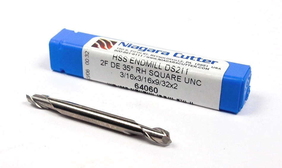 NIAGARA Square Double End Mill 3/16" 2FL HSS 3/16" x 9/32" x 2" 64060