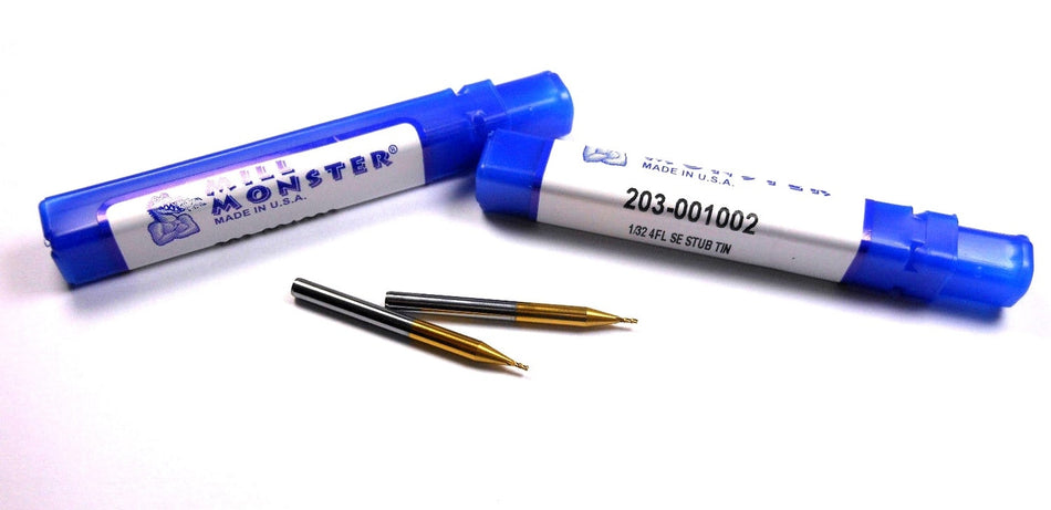 Carbide Stub End Mills 1/32" 4FL TiN 1/16" LOC x 1-1/2" OAL (2 Pcs)