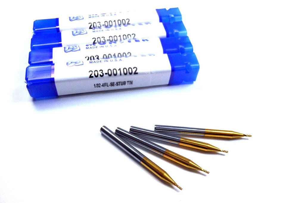 Carbide Stub End Mills 1/32" 4FL TiN 1/16" LOC x 1-1/2" OAL (4 Pcs)