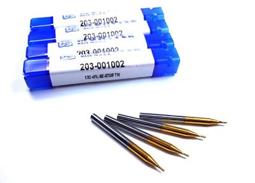 Carbide Stub End Mills 1/32" 4FL TiN 1/16" LOC x 1-1/2" OAL (4 Pcs)