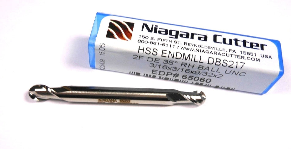 NIAGARA Double Ball End Mill 3/16" 2FL HSS 3/16" x 9/32" x 2" 65060