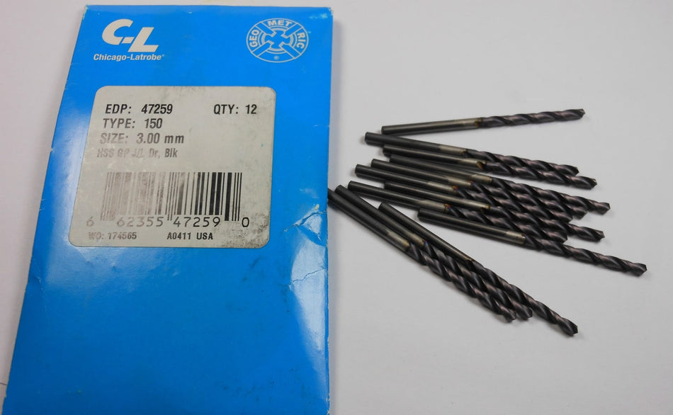 Jobber Length Drills 3mm HSS 118° 33mm LOC x 61mm 47259 (12 Pcs)