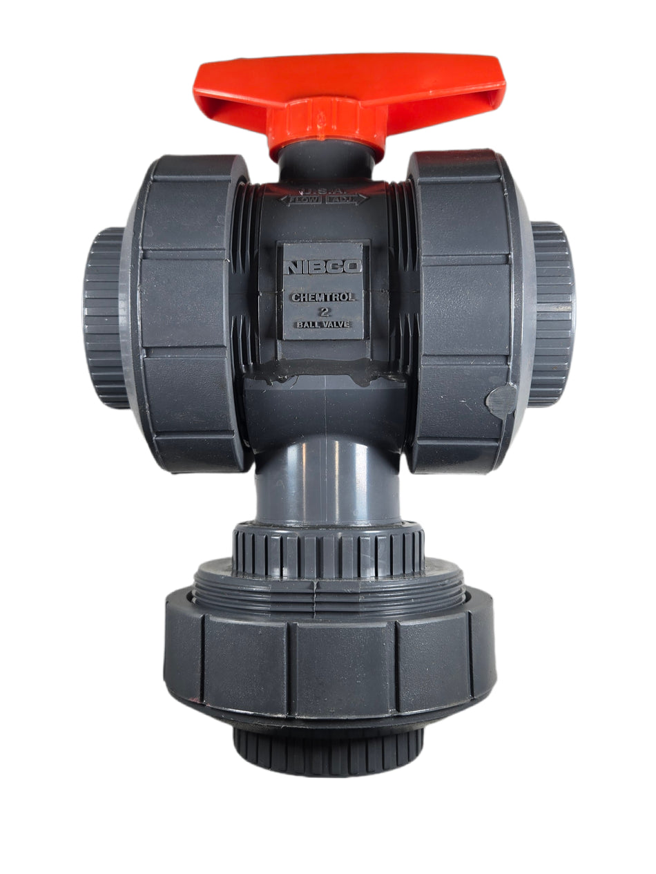 Nibco T45M3-V 2 MA782AD 2" FNPT 3-Way 2-Piece Chemtrol True Union PVC Ball Valve