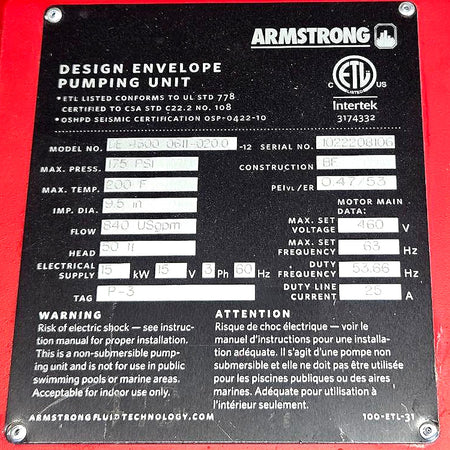 Armstrong DE 4300 0611-020.0 centrifugal inline pump