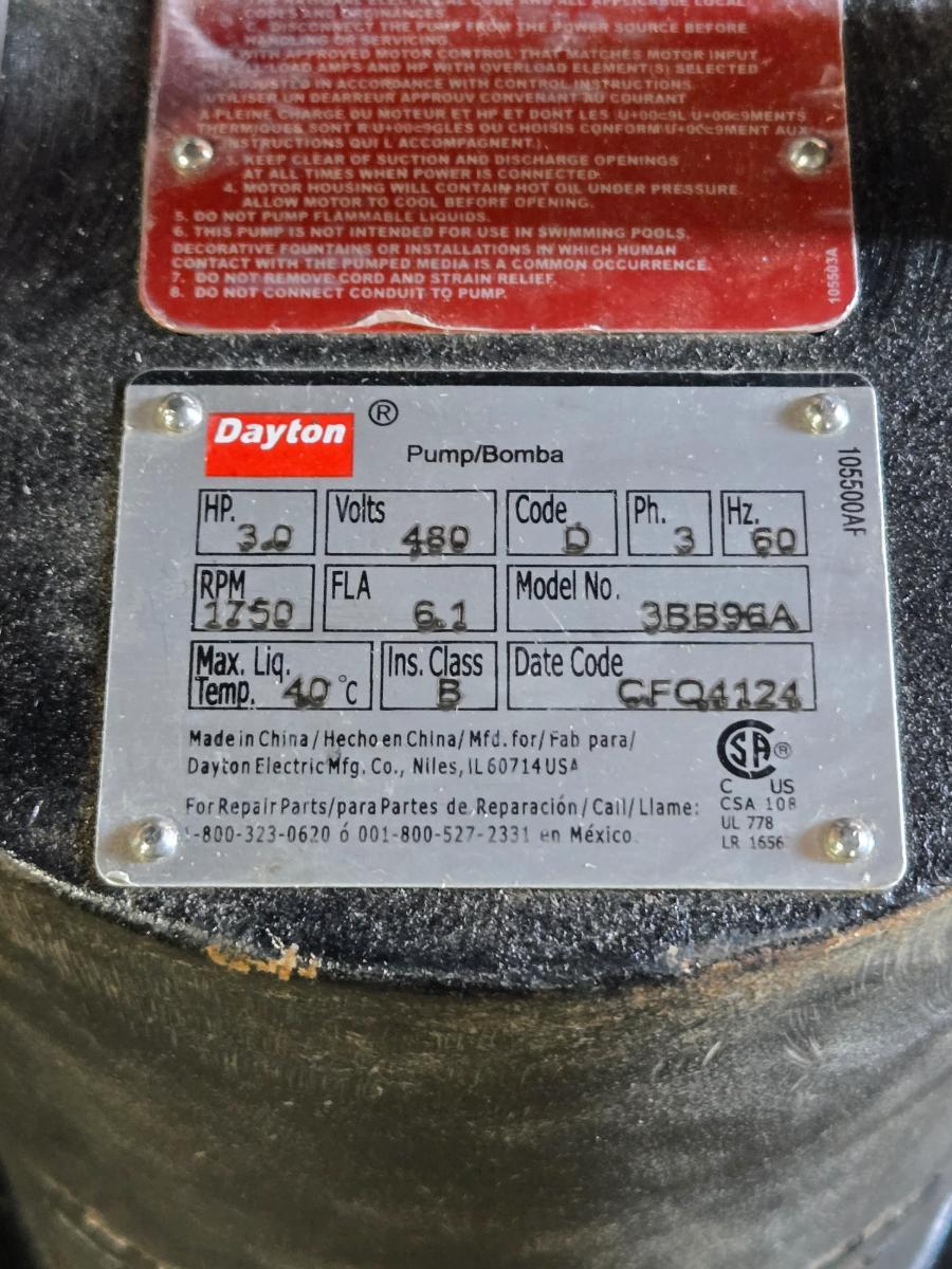 Dayton 3BB96 submersible sewage ejector pump