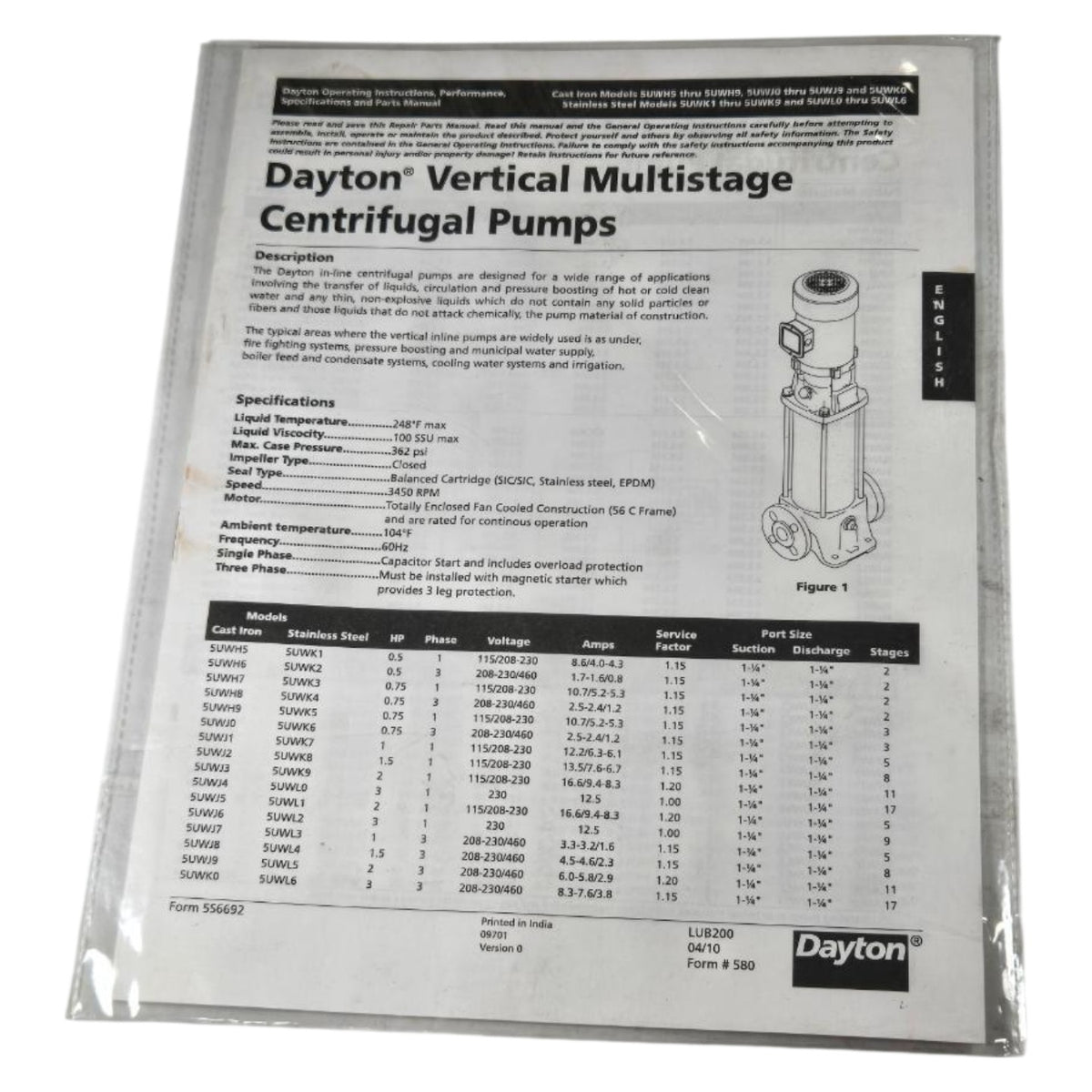 Dayton 5UWK6 vertical multistage centrifugal pump