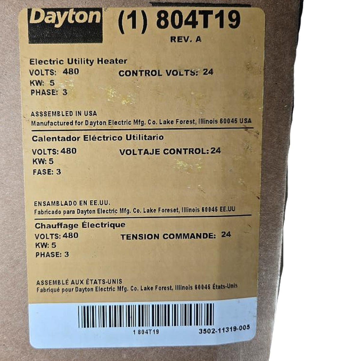 Dayton 804T19 Electric Unit Heater