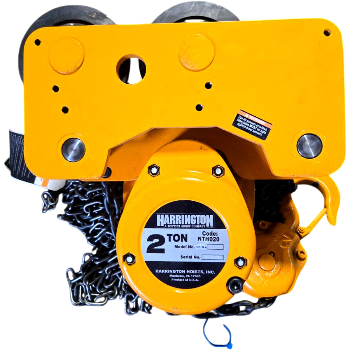 Harrington NTH020 manual chain hoist with push trolley