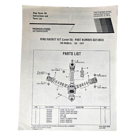 Ingersoll Rand 32213613 piston compressor rebuild kit