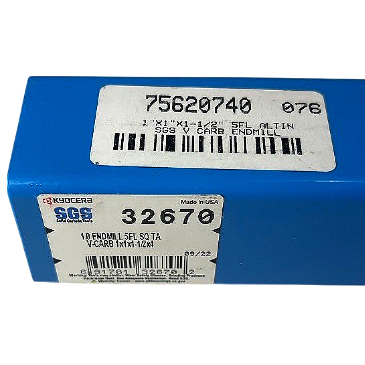 Kyocera SGS 32670 1" 5-Flute AlTiN solid carbide end mill
