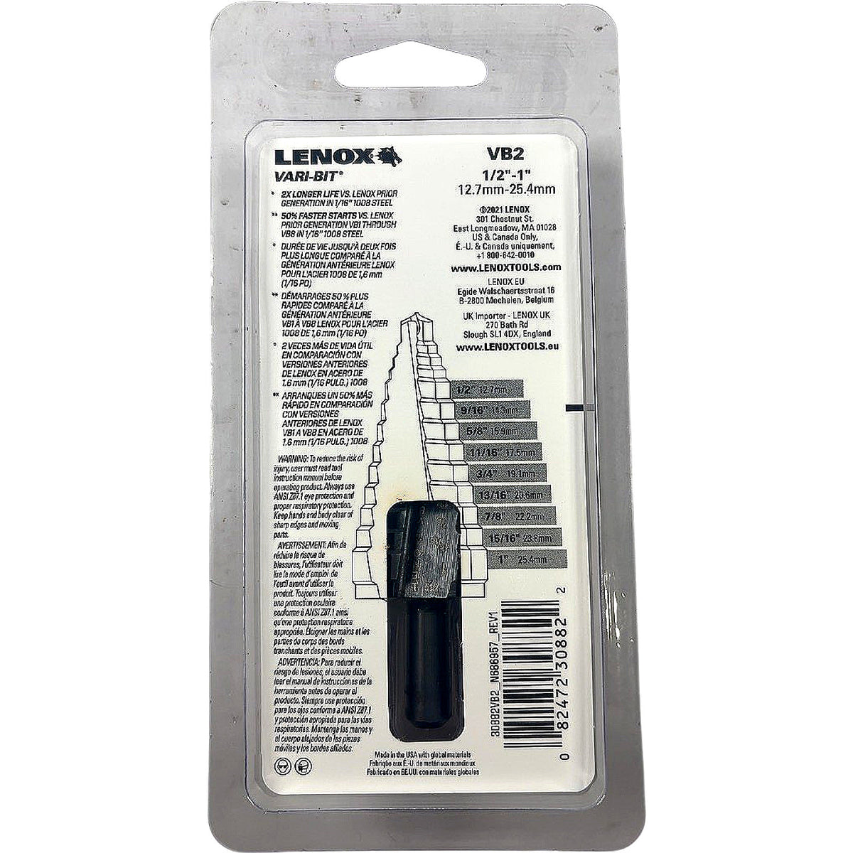 Lenox 30882VB2 1/2"-1" 9-Step HSS HSS step drill bit