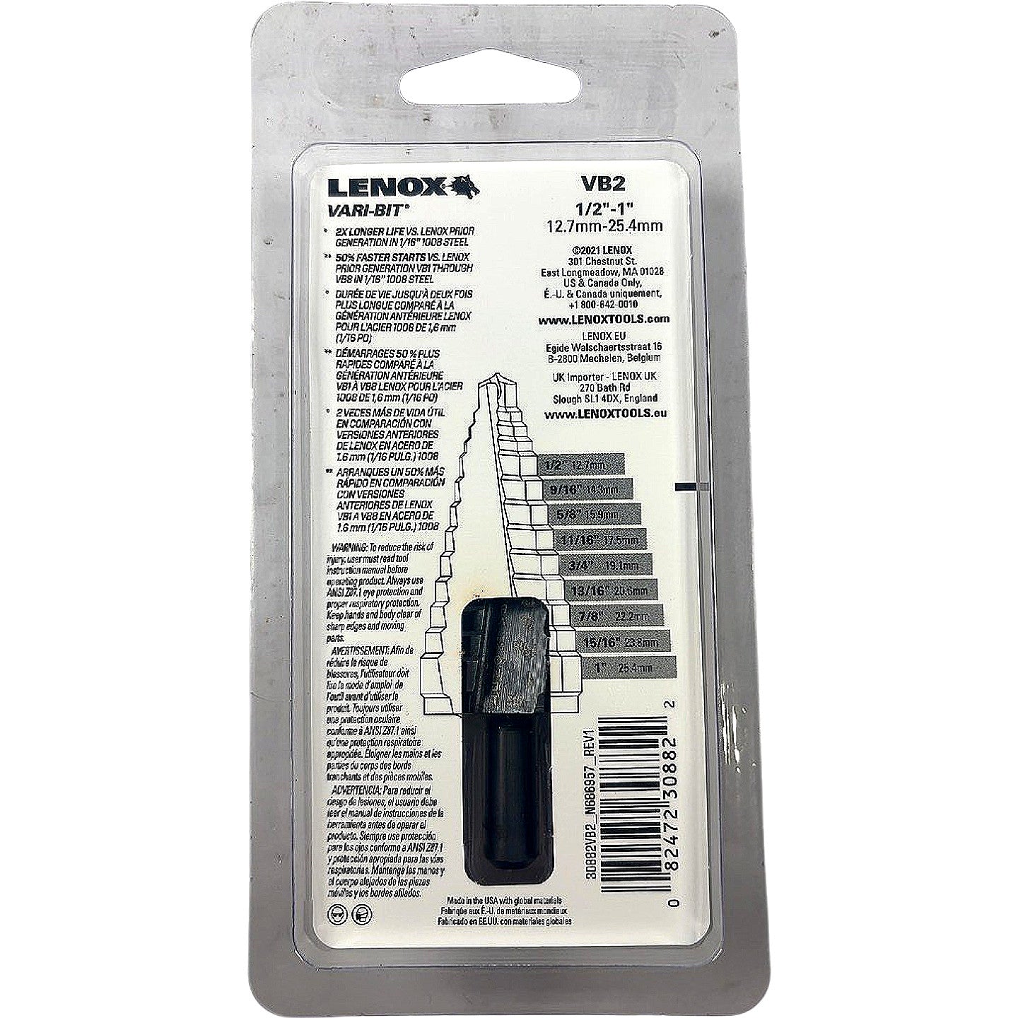 Lenox 30882VB2 1/2"-1" 9-Step HSS HSS step drill bit