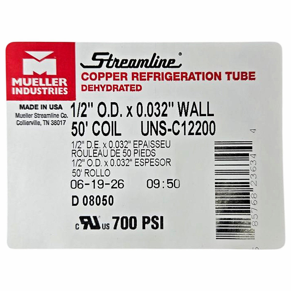 Mueller Streamline D08050P refrigeration copper tubing coil
