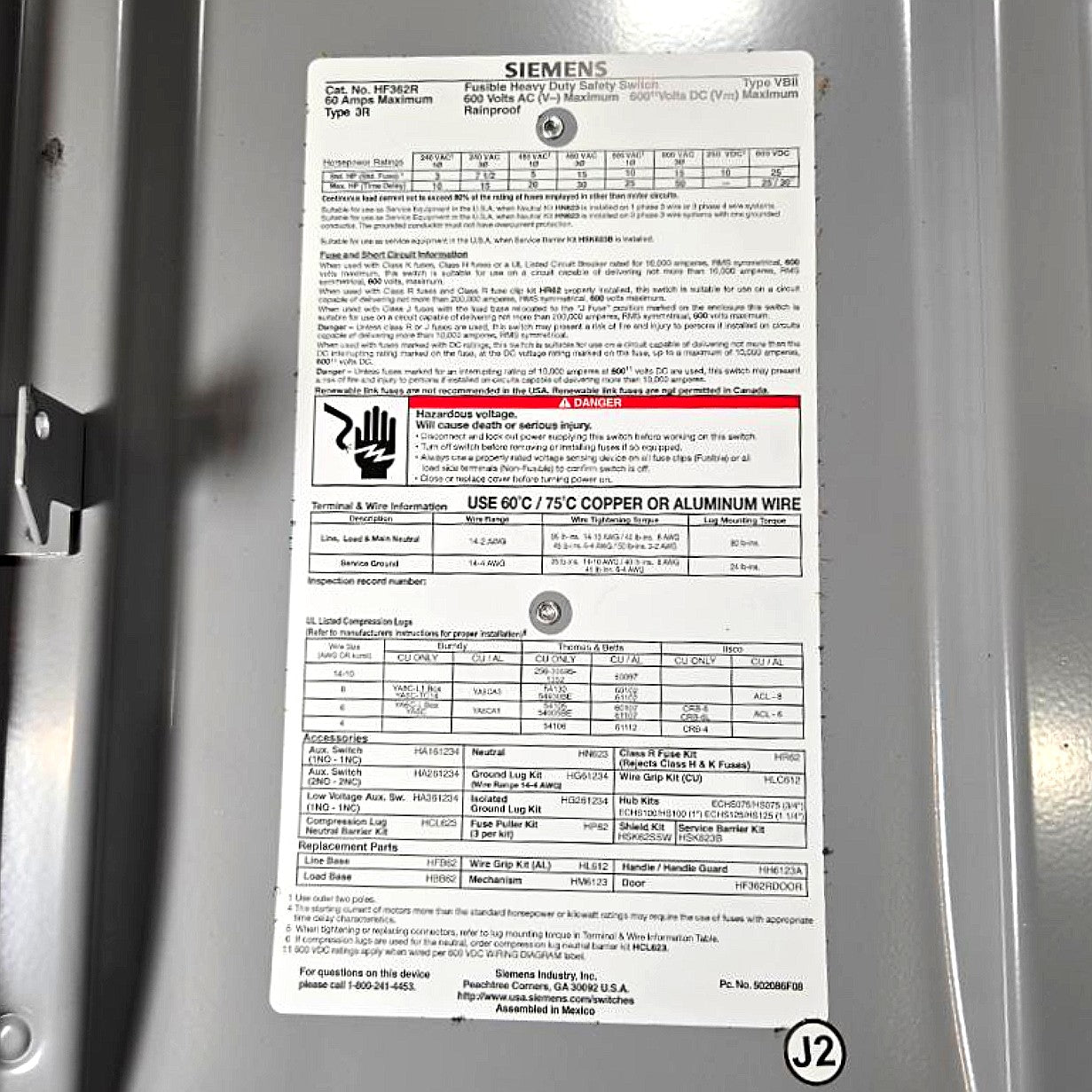 Siemens HF362R fusible safety switch