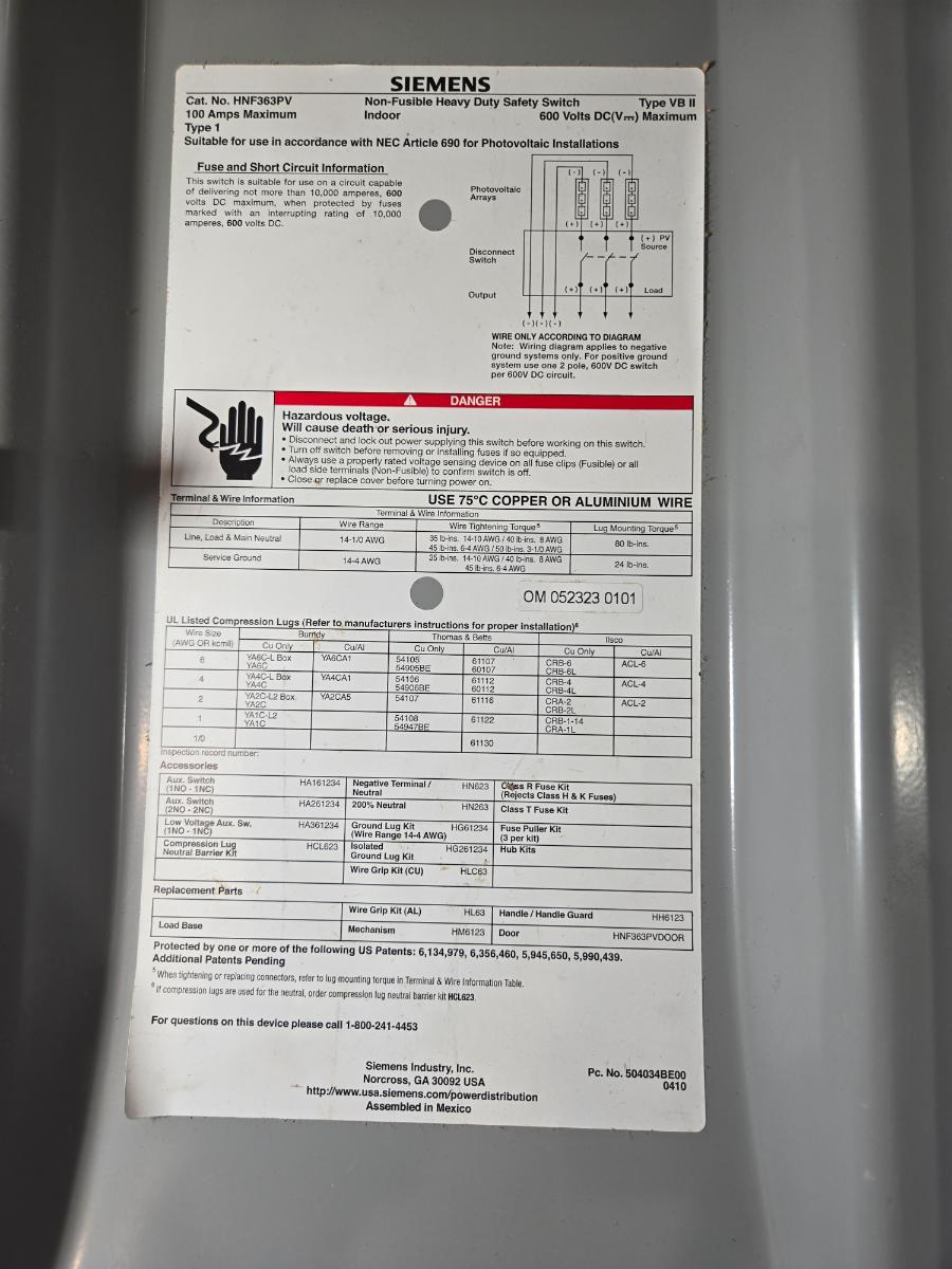 Siemens HNF363PV photovoltaic safety disconnect switch