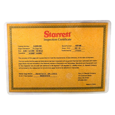 Starrett S4005-500 precision pin gage set