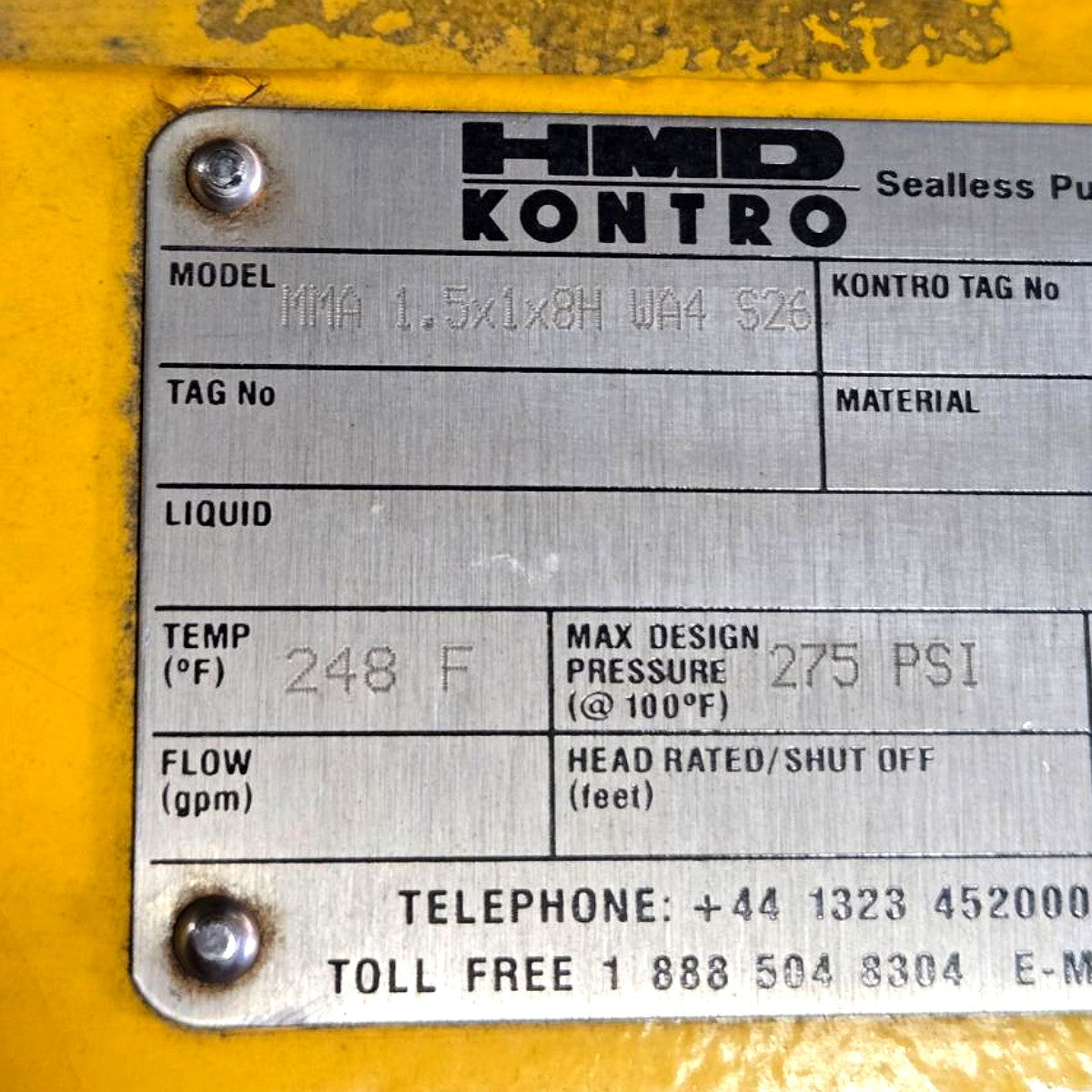Sundyne MMA 1.5x1x8H WA4 S26 sealless magnetic drive centrifugal pump