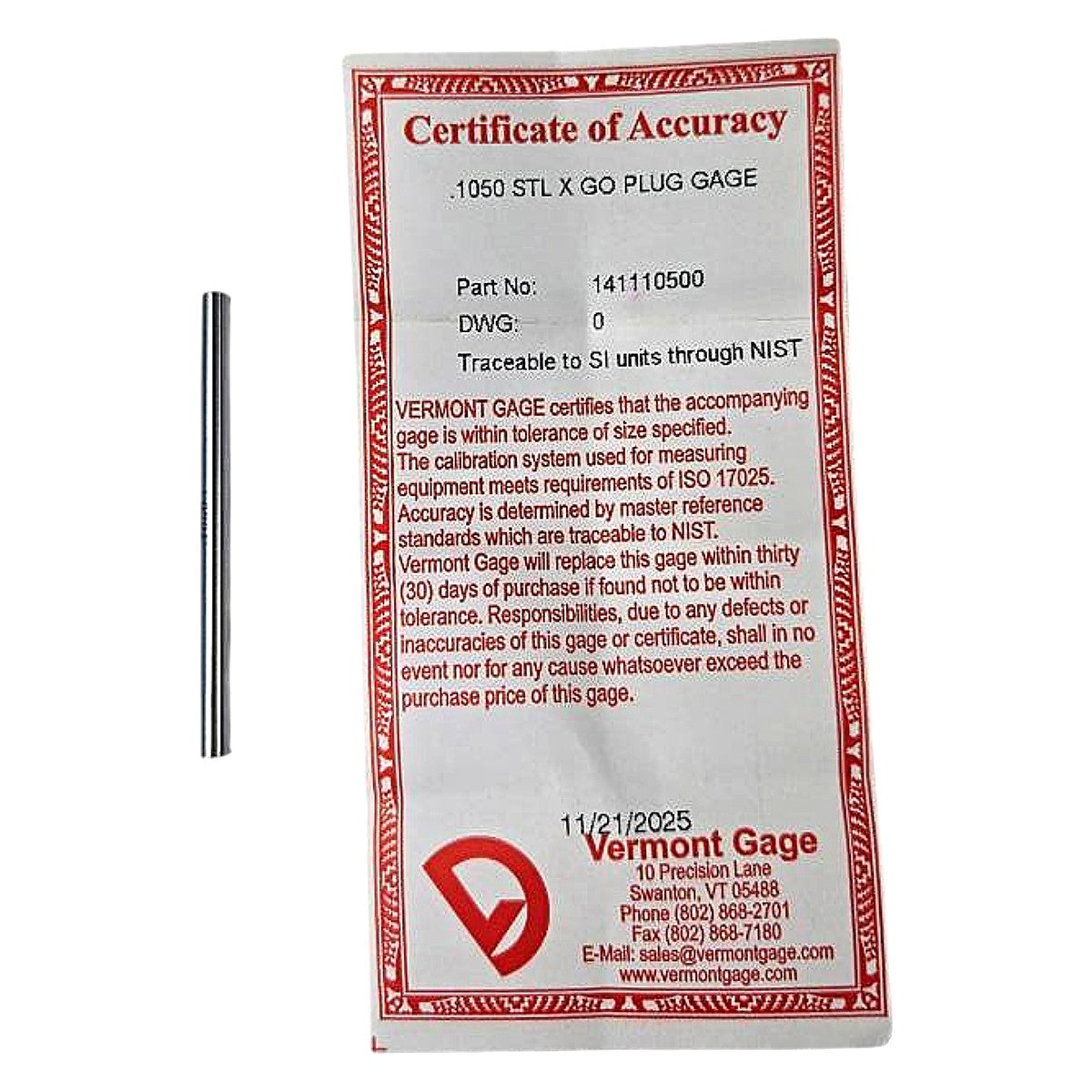 Vermont Gage 141110500 Steel GO Plug Gage