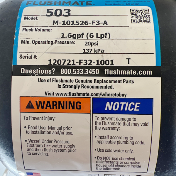 Flushmate M101526F3 A Pressure Assist Flushing System