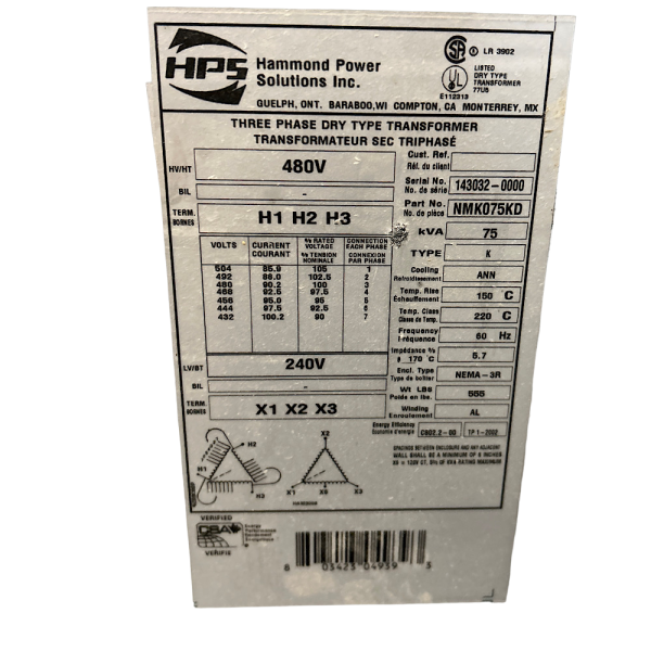 Hammond Power Solutions NMK075KD 75 kVA 3PH 480V Distribution Transformer - Image 7