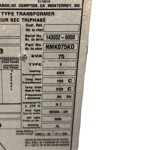 Hammond Power Solutions NMK075KD 75 kVA 3PH 480V Distribution Transformer - Image 9