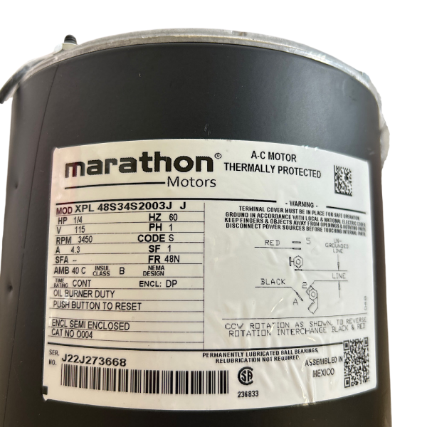 Marathon 048S34S2003 1/4HP 115V 3450 RPM Split-Phase Oil Burner Motor - Image 2