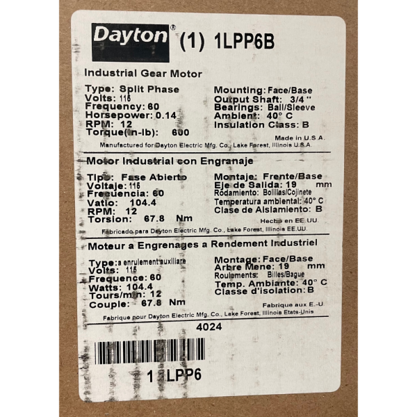 Dayton 1LPP6 115V 12 RPM 0.143HP Open Dripproof Parallel AC Gearmotor - Image 5